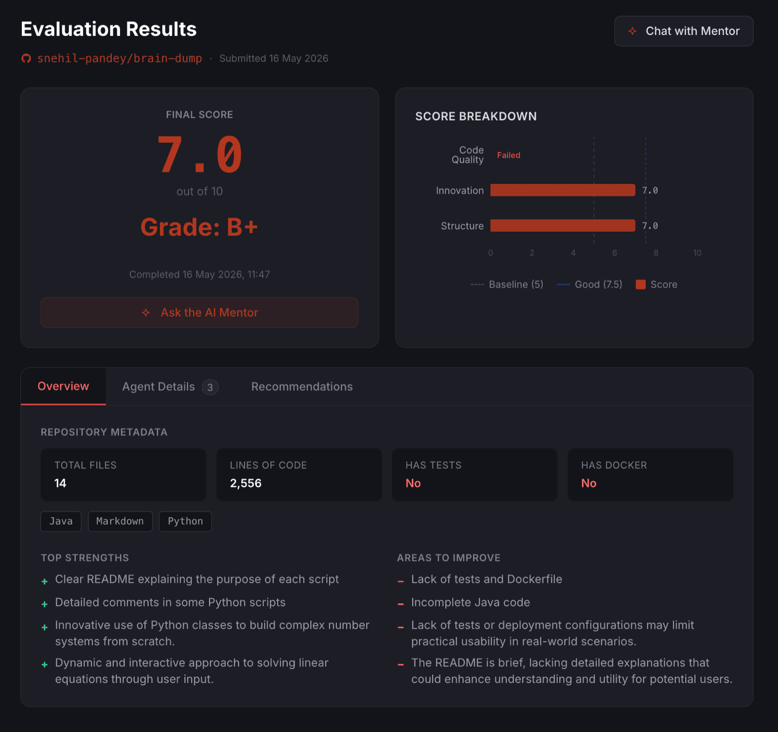 A scorecard radar chart with the pool average overlaid, and an open tooltip showing the specific static-analysis findings behind one criterion's score.