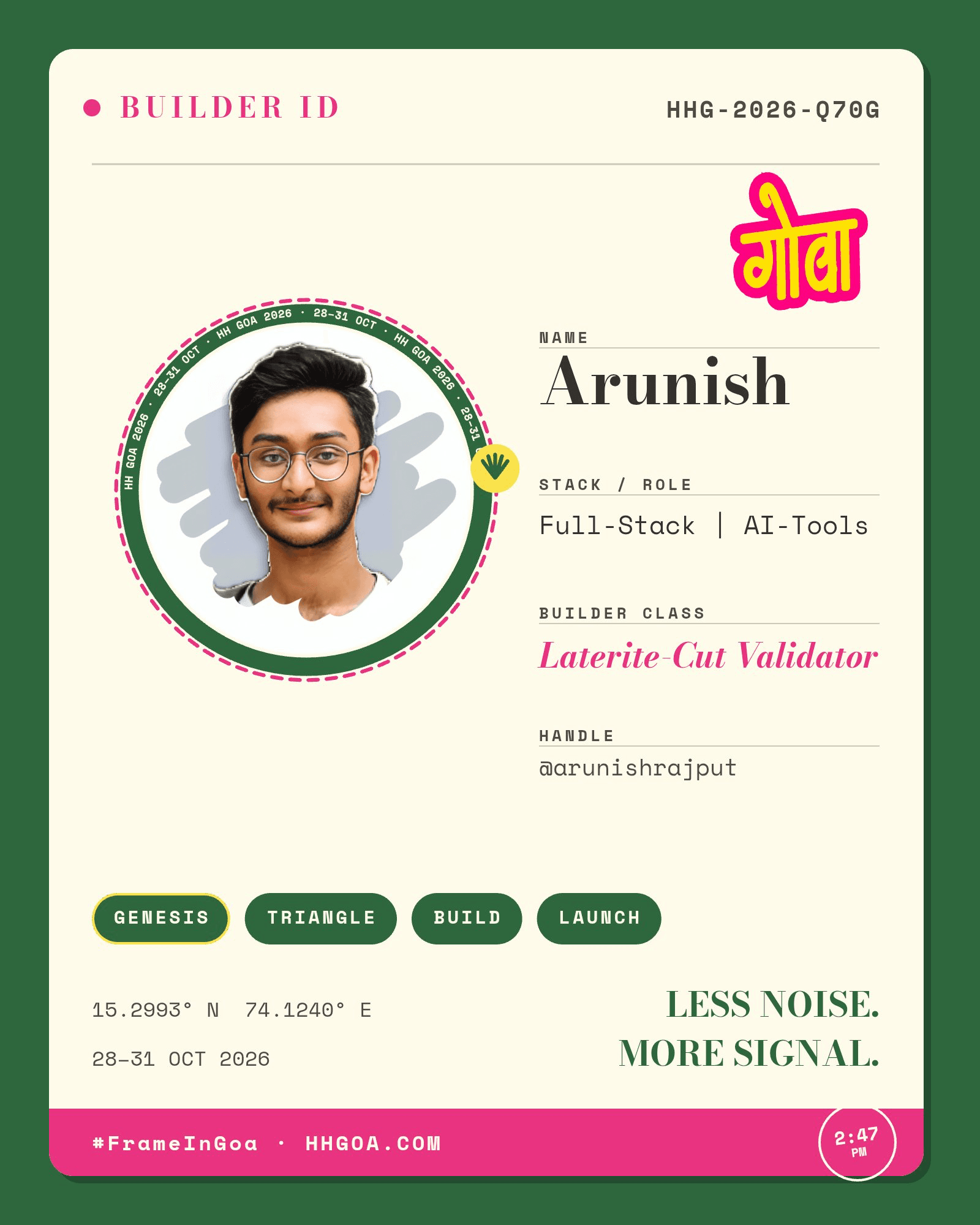 A generated Builder ID card showing an uploaded photo auto-framed inside the HH Goa 2026 branding.