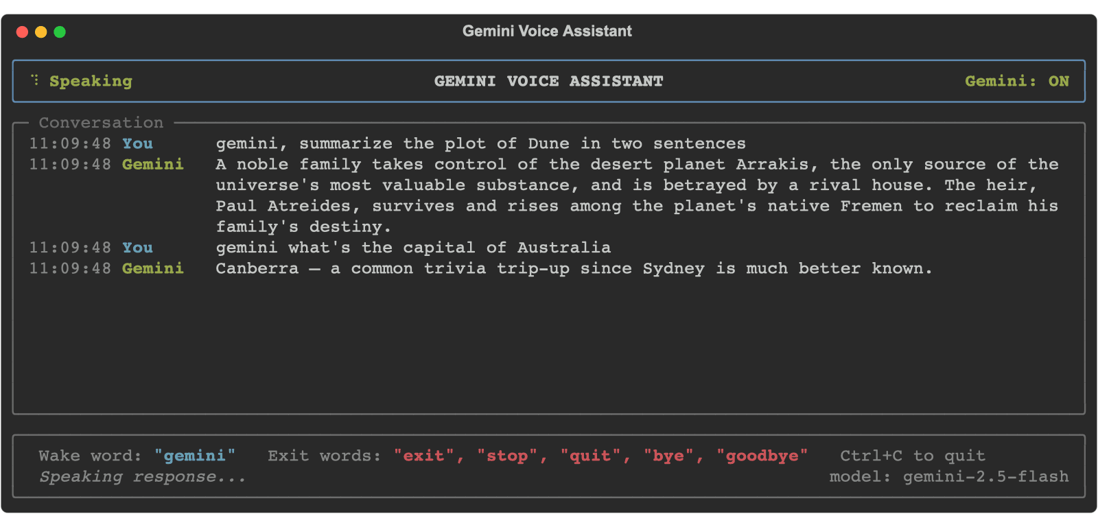 Terminal output showing the assistant waking on its wake word and returning a Gemini response.