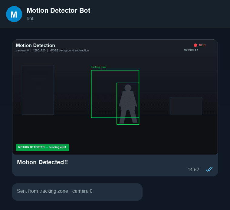 A detection frame with the changed region outlined, beside the Telegram message it triggered.