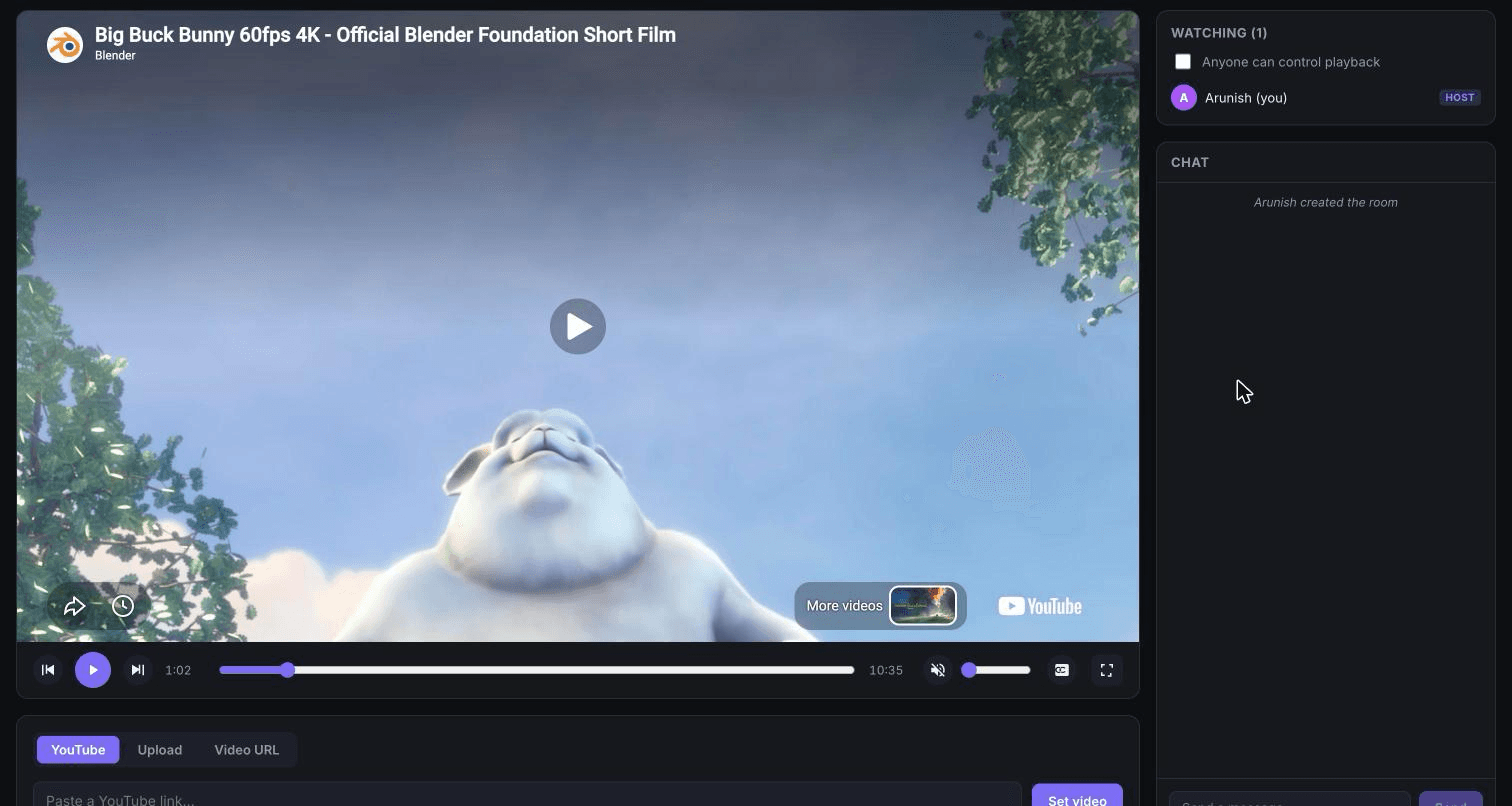 A watch room with four participants listed, the host badge visible, and the player showing a portrait-aspect video letterboxed cleanly.
