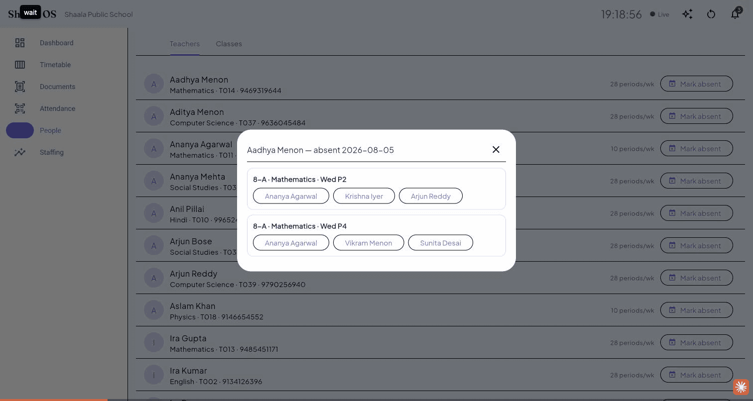 The substitute repair dialog listing five uncovered periods, each with ranked replacement teachers and a single confirm button.
